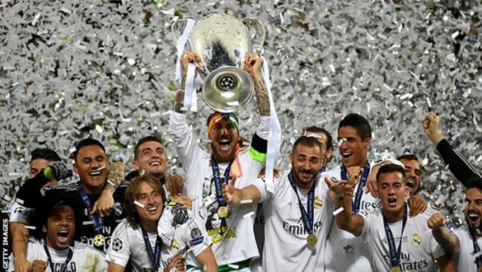 Real Madrid merayakan kemenangannya pada laga final di Stadion San Siro, Sabtu (28/5/2016). | Ist. 