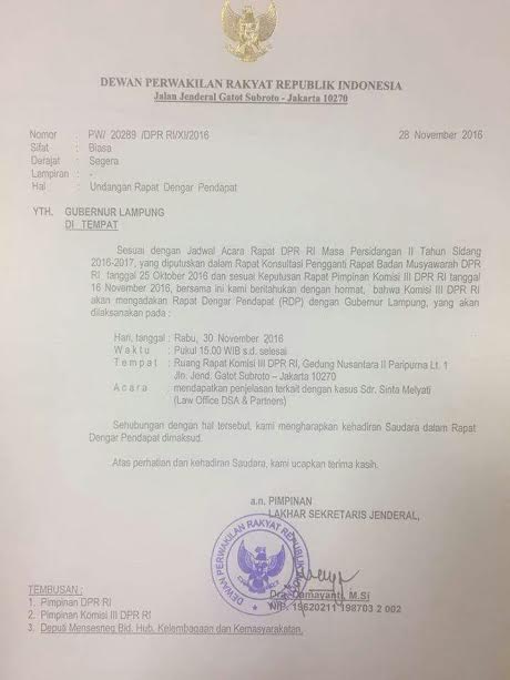 Surat panggilan kepada Gubernur Lampung | Sugiono/jejamo.com 